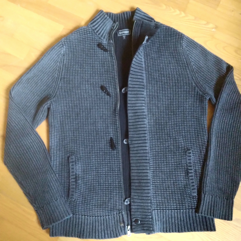 Express Men's Ribbed‎  Grunge Gray Chunky Y2K Zip-Up Bikercore Sweater Jacket